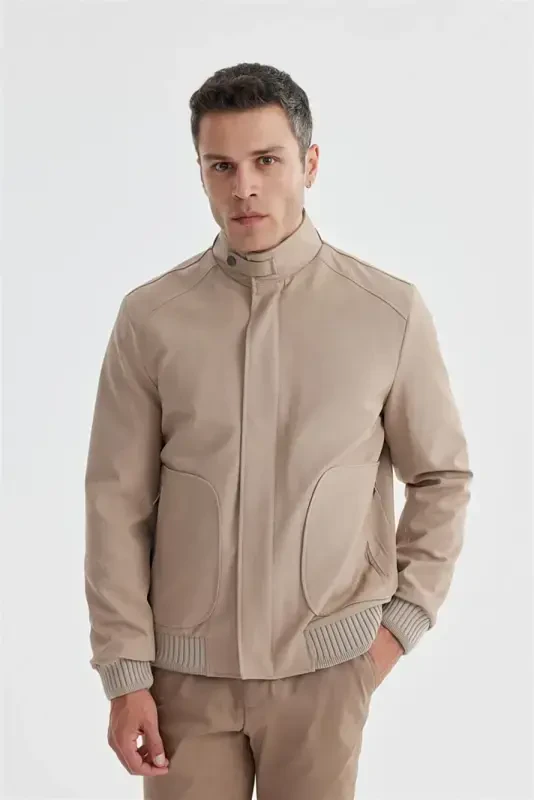 Beige Comfort Fit Stand-Up Collar Casual Jacket - 2