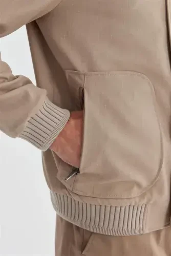 Beige Comfort Fit Stand-Up Collar Casual Jacket - 3