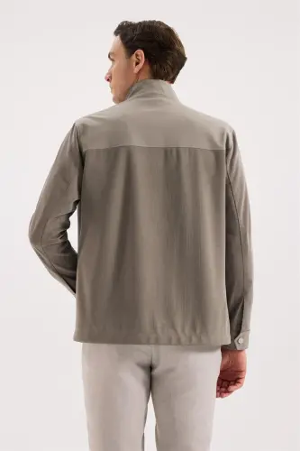 Beige Comfort Fit Stand-Up Collar Seasonal Sports Coat - 4