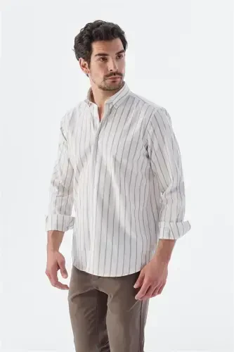 Beige Comfort Fit Striped Cotton Linen Shirt - JAKAMEN (1)