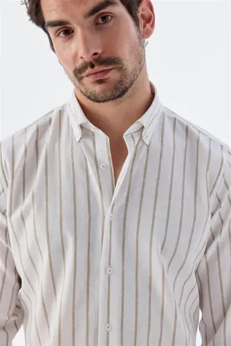 Beige Comfort Fit Striped Cotton Linen Shirt - 3