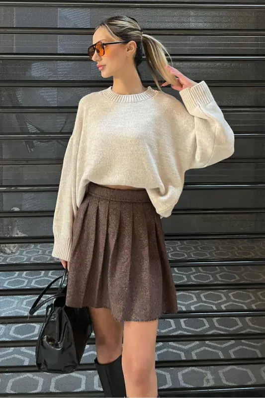 Beige Crew Neck Oversize Knit Sweater MG1972-Beige - 3