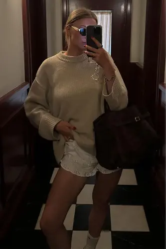 Beige Crew Neck Oversize Knit Sweater MG1972-Beige - 5