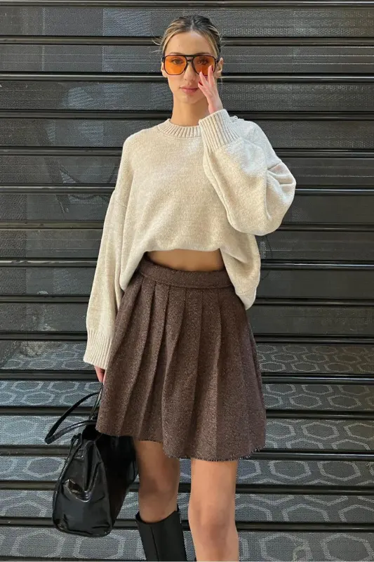 Beige Crew Neck Oversize Knit Sweater MG1972-Beige - 6