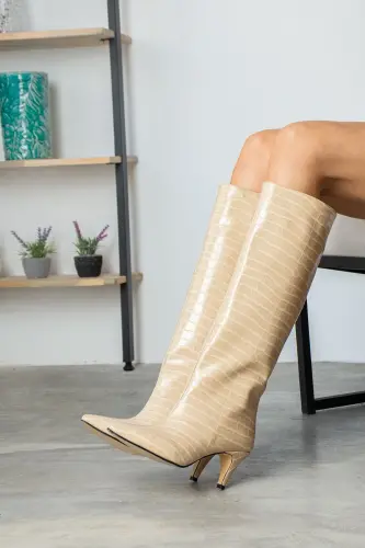 Beige Crocodile Embossed Low Heel Boot-Beige - EXELLO (1)