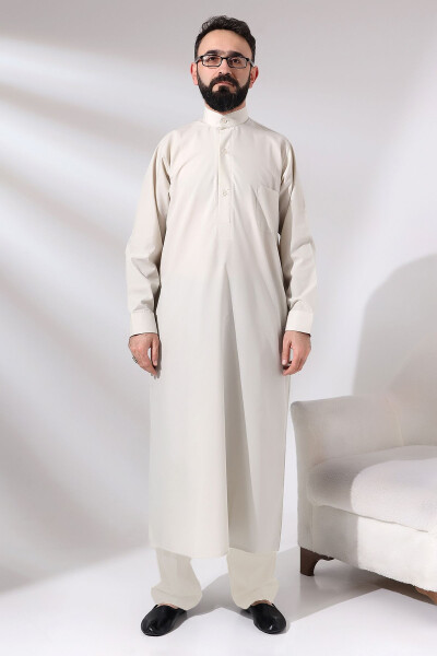 Beige Dagron Fabric Men's Hajj Umrah Dress Set - 1