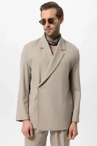Beige Double Breasted Hidden Pocket Men's Blazer Jacket-Beige - 1