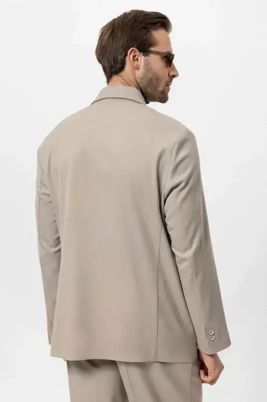 Beige Double Breasted Hidden Pocket Men's Blazer Jacket-Beige - 6