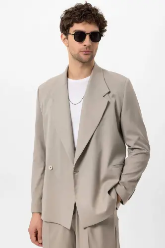 Beige Double Breasted Men's Blazer Jacket with Flap Pockets - Beige - ANTIOCH (1)
