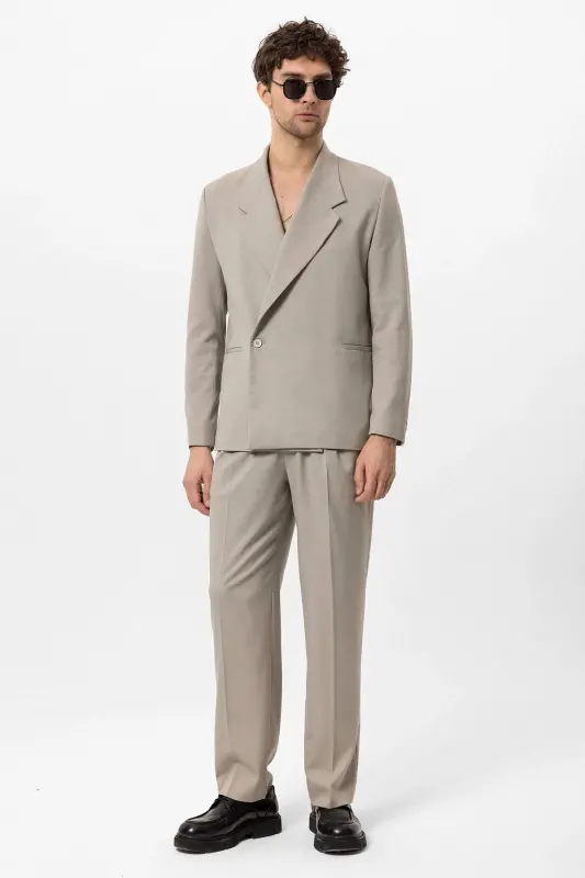 Beige Double Breasted Men's Blazer Jacket with Flap Pockets - Beige - 4