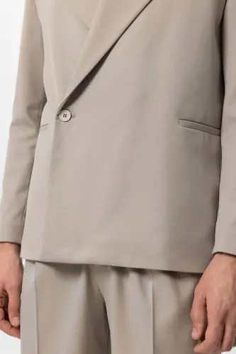 Beige Double Breasted Men's Blazer Jacket with Flap Pockets - Beige - 5