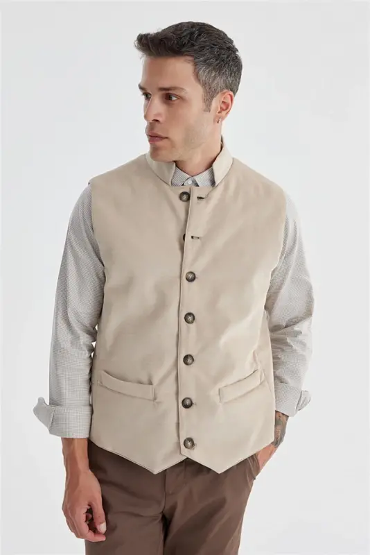 Beige Double-Breasted Slim Fit Vest - 2