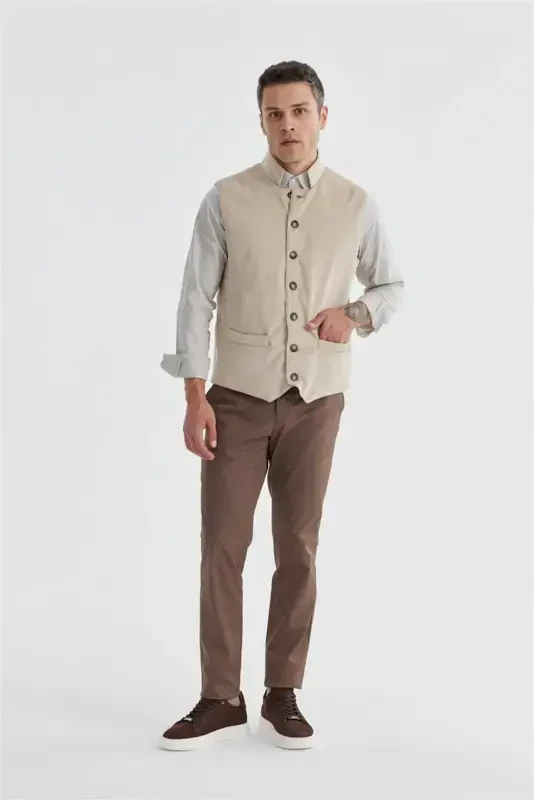 Beige Double-Breasted Slim Fit Vest - 1