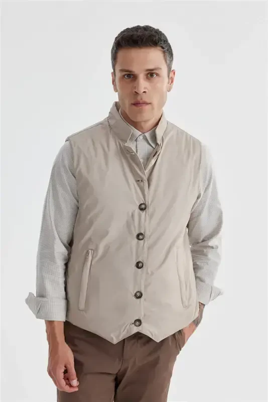 Beige Double-Breasted Slim Fit Vest - 5