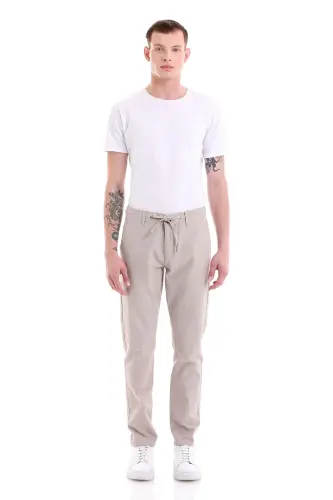 Beige Dynamic Fit Straight Leg Cotton Canvas Pants with Side Pockets - HATEMOĞLU (1)