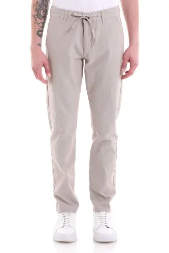 Beige Dynamic Fit Straight Leg Cotton Canvas Pants with Side Pockets - 1