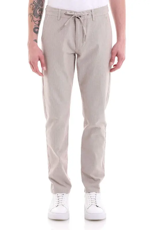 Beige Dynamic Fit Straight Leg Cotton Canvas Pants with Side Pockets - 1