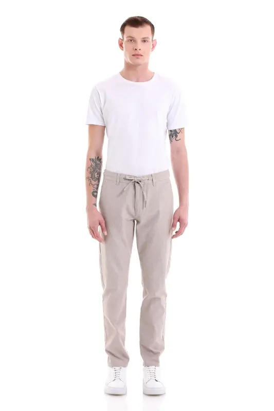 Beige Dynamic Fit Straight Leg Cotton Canvas Pants with Side Pockets - 2
