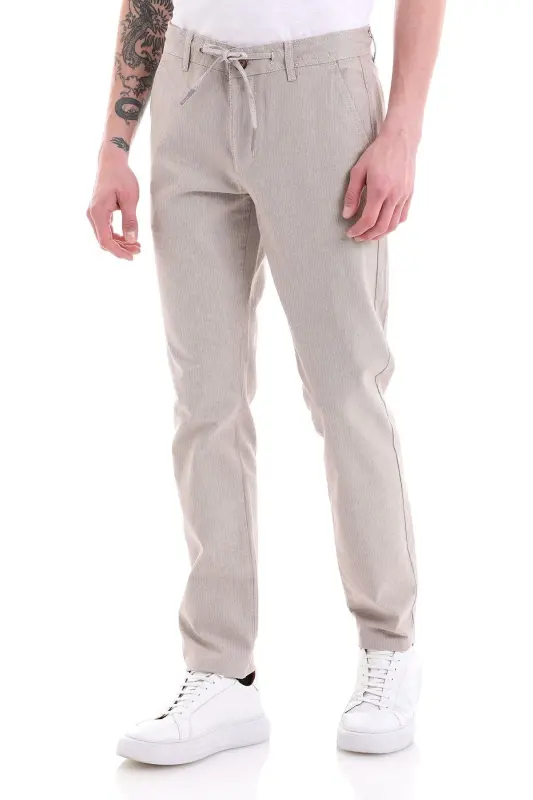 Beige Dynamic Fit Straight Leg Cotton Canvas Pants with Side Pockets - 3