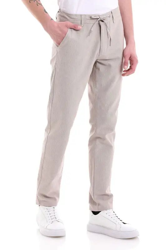 Beige Dynamic Fit Straight Leg Cotton Canvas Pants with Side Pockets - 4