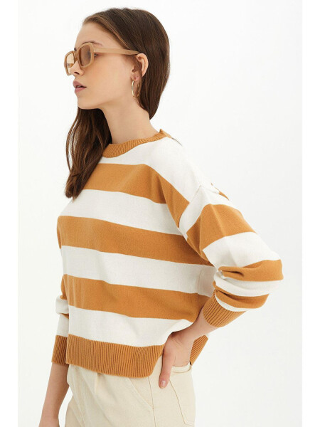 Beige-Ecru Striped Crew Neck Knit Sweater - 7