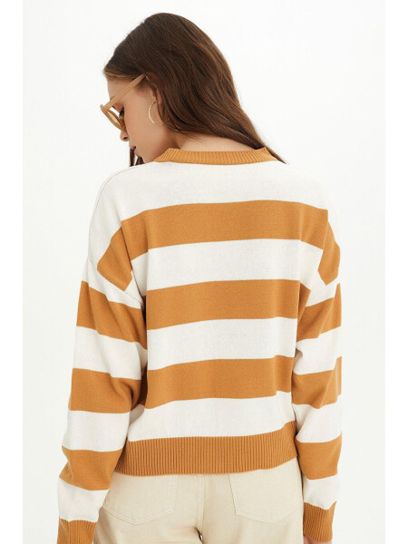 Beige-Ecru Striped Crew Neck Knit Sweater - 8