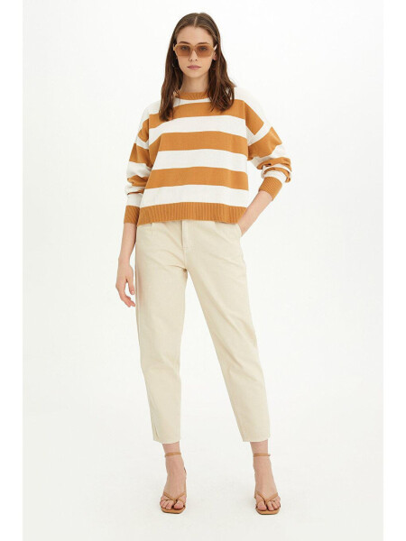 Beige-Ecru Striped Crew Neck Knit Sweater - 2