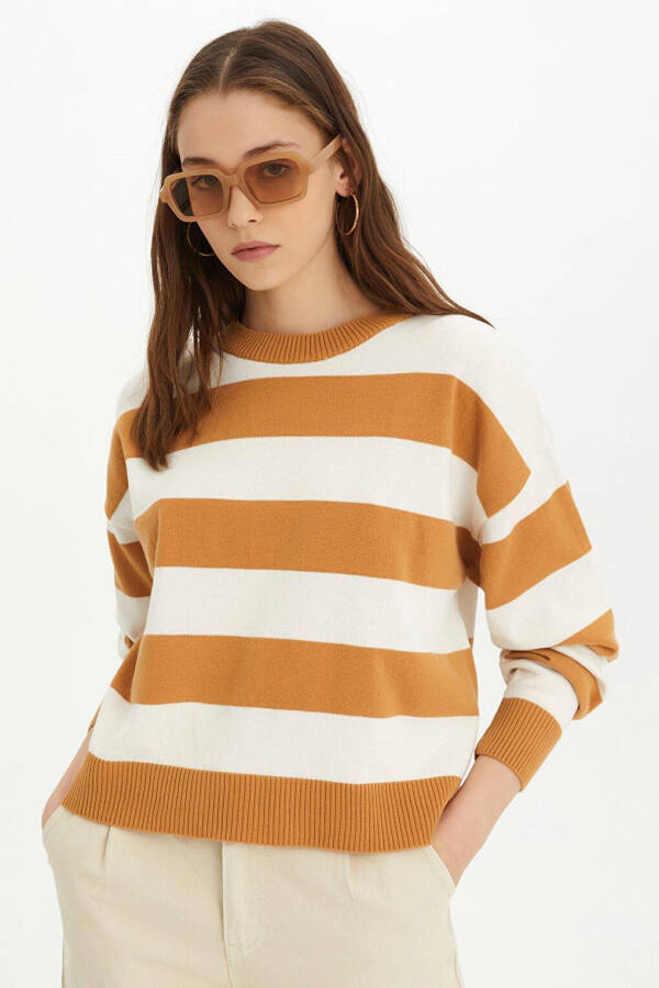 Beige-Ecru Striped Crew Neck Knit Sweater - 9