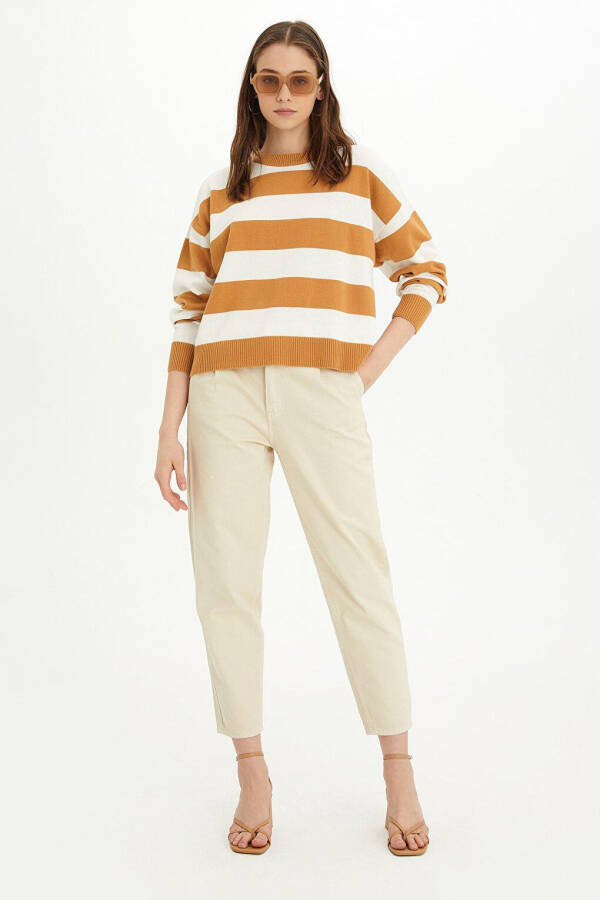 Beige-Ecru Striped Crew Neck Knit Sweater - 10