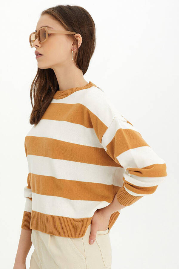 Beige-Ecru Striped Crew Neck Knit Sweater - 11