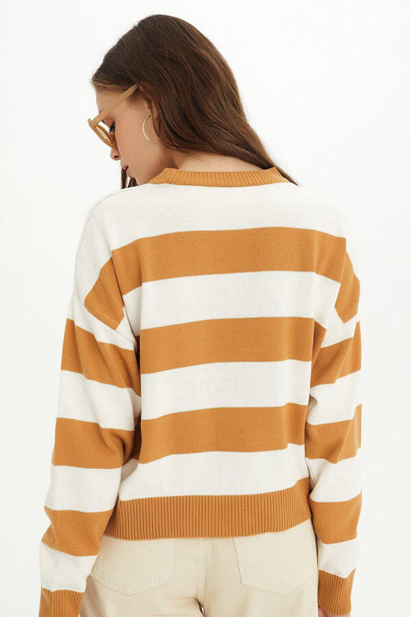 Beige-Ecru Striped Crew Neck Knit Sweater - 12