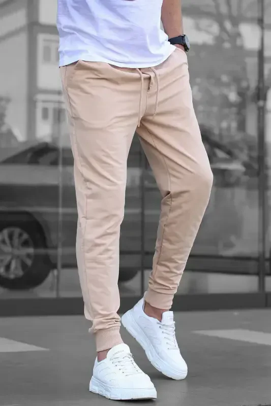 Beige Elastic Hem Men's Sweatpants 4821-Beige - 1