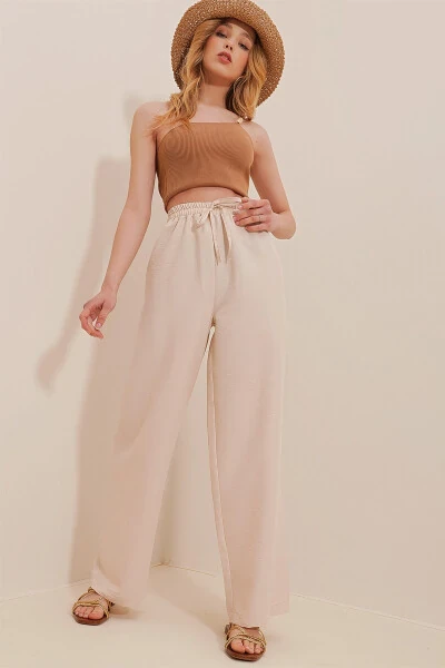 Beige, elastic waist, relaxed fit aerobics pants. ALC-X6625 - 3