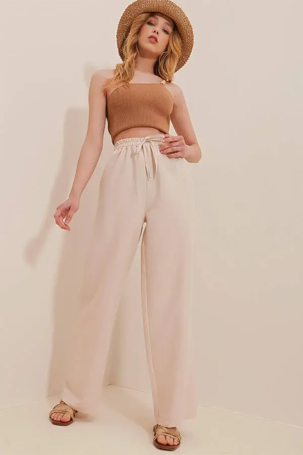 Beige, elastic waist, relaxed fit aerobics pants. ALC-X6625 - 3