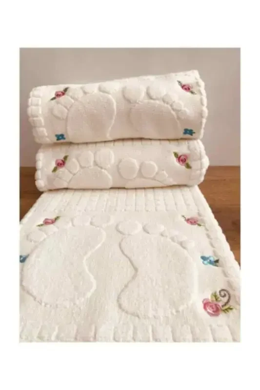 Beige Embroidered Foot Towel 3 Pieces 50x70-Cream - ÇAPA HOME