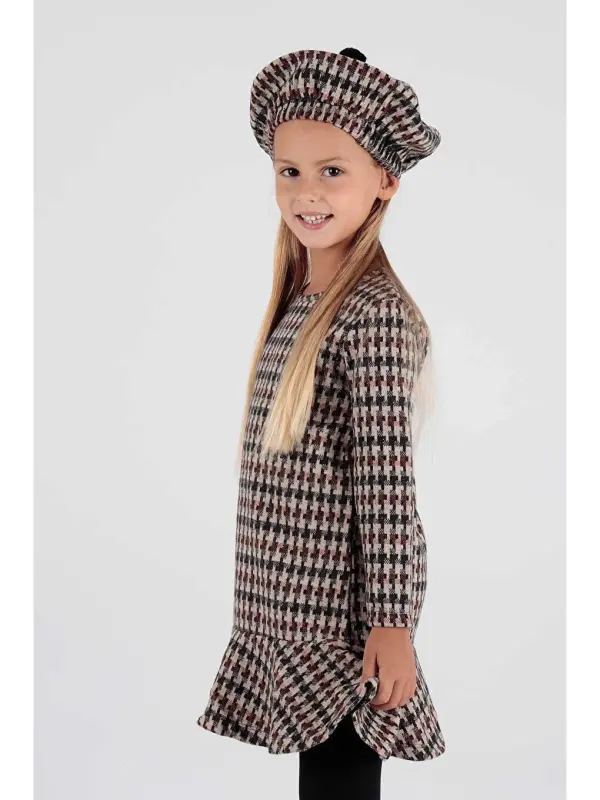 Beige Girls Ruffled Trendy Dress with Hat Ak2200-Beige - 2