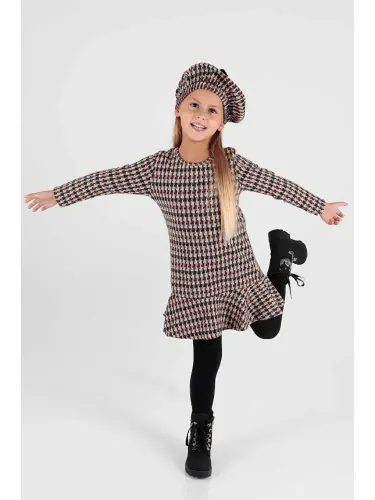 Beige Girls Ruffled Trendy Dress with Hat Ak2200-Beige - 3