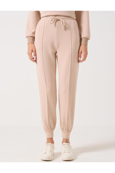 Beige High Waist Tie-Waist Ribbed Jogger Pants - 22