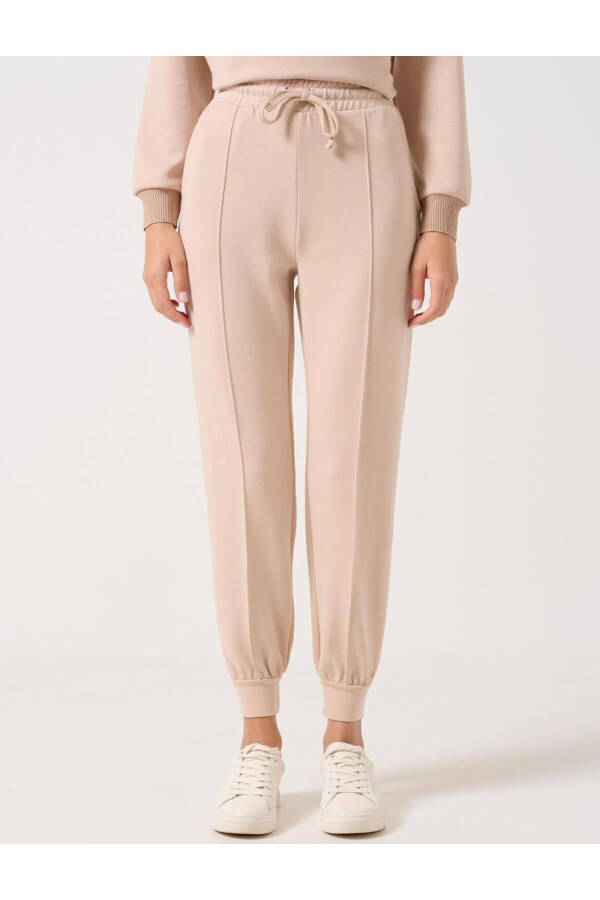 Beige High Waist Tie-Waist Ribbed Jogger Pants - 22