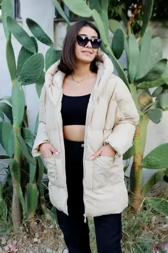 Beige Hooded Front Pocket Oversize Women's Padded Jacket-Beige - 1