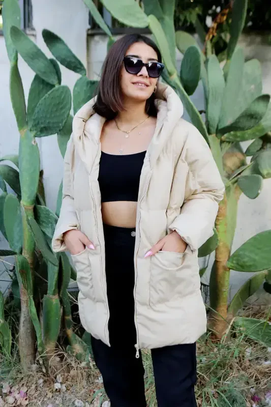 Beige Hooded Front Pocket Oversize Women's Padded Jacket-Beige - 1