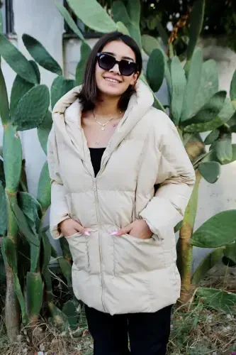 Beige Hooded Front Pocket Oversize Women's Padded Jacket-Beige - Modazone (1)