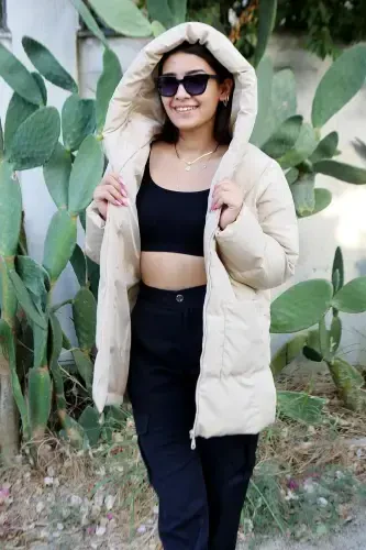Beige Hooded Front Pocket Oversize Women's Padded Jacket-Beige - 3