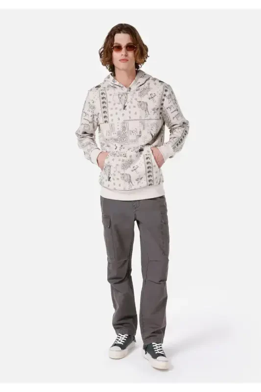 Beige, hooded, printed, regular fit men's sweatshirt. - 3