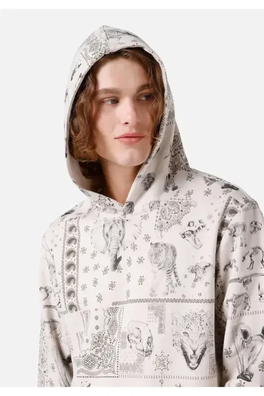 Beige, hooded, printed, regular fit men's sweatshirt. - 5