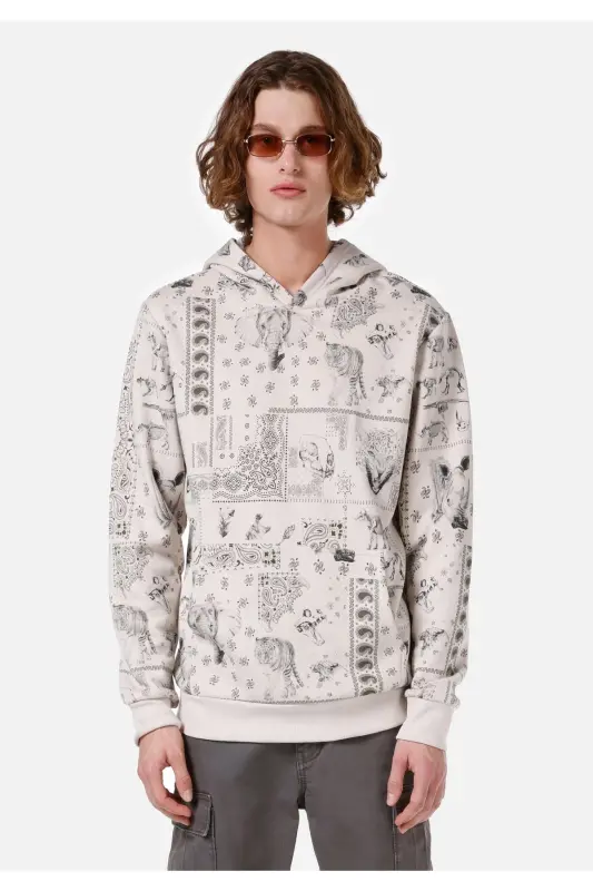 Beige, hooded, printed, regular fit men's sweatshirt. - 1