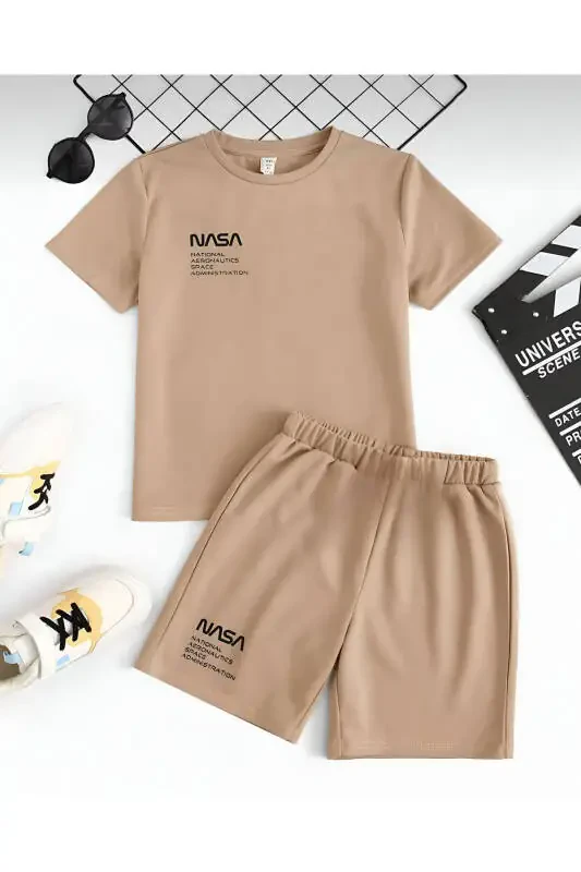 Beige Kids NASA Printed Shorts Set - 1