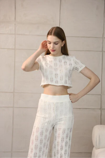 Beige Lace Crop Top and Bottom Set - 3