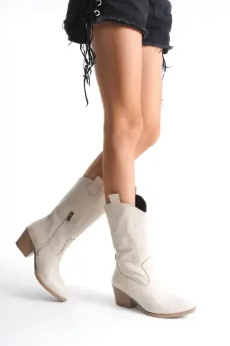 Beige Leather Embroidered Zippered Western Cowboy Women Boots-Beige - BAK STORE (1)