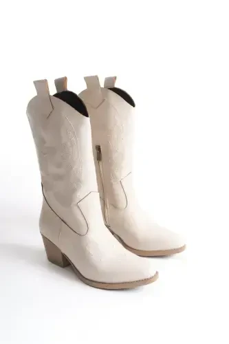 Beige Leather Embroidered Zippered Western Cowboy Women Boots-Beige - 4